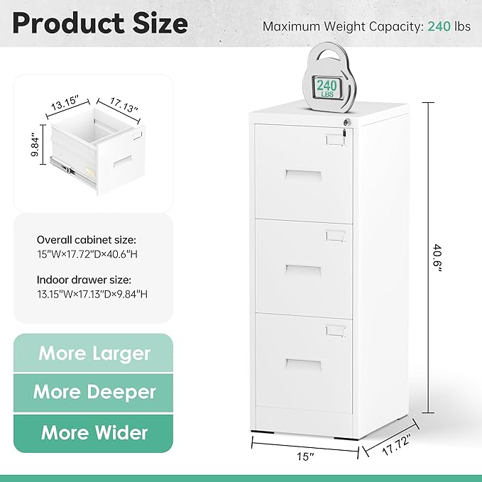 Bonusall Vertical File Cabinet with Lock 3 Drawer Locking Vertical Filing Cabinets,Metal Office File Cabinet Horizontal Filing Organizer with Hanging Rack for Legal/Letter Size, White