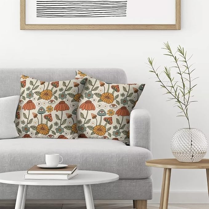 BETGINY Boho Throw Pillow Covers 16x16 Set of 2, Yellow Orange Fun Cute Mushrooms Retro Decorative Outdoor Pillow Covers 70s Vintage Floral Linen Farmhouse for Couch Sofa Summer Home Decor