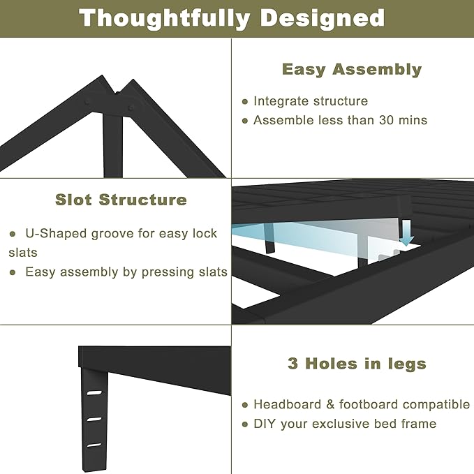 ITIMIDI 16 Inch Metal Bed Frame Queen Size, Safety Design with Rounded Corner Legs and DIY Headboard, No Box Spring Needed, Easy Assembly, Noise Free, Sturdy and Stable, Black