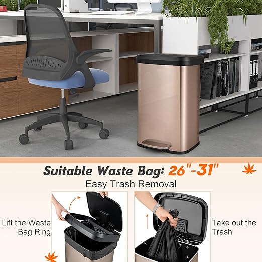 S AFSTAR 13.2 Gallon Step Trash Can, Stainless Steel Garbage Bin with Soft Close Lid & Deodorizer Compartment, Fingerprint-Proof Trash Bin, Step-On Trashcan for Home Office Kitchen, Rose (Golden)