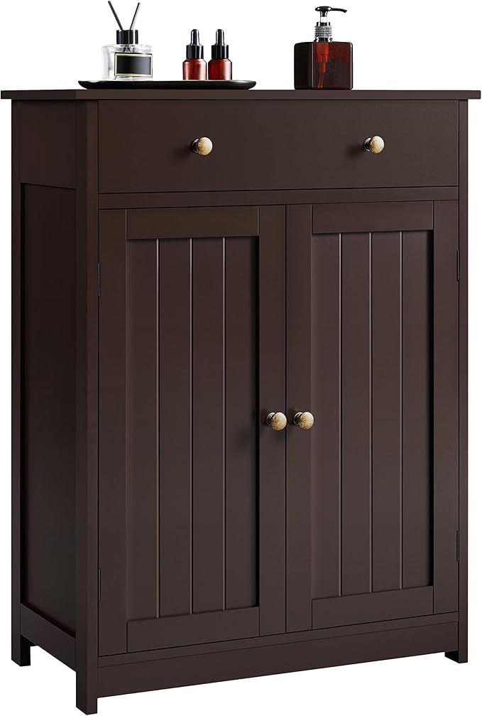 Yaheetech Bathroom Storage Cabinet with Drawer and Double Doors, Free-Standing Organizer with Inner Adjustable Shelf for Living Room, 11.8D x 23.6W x 31.5H in, Espresso