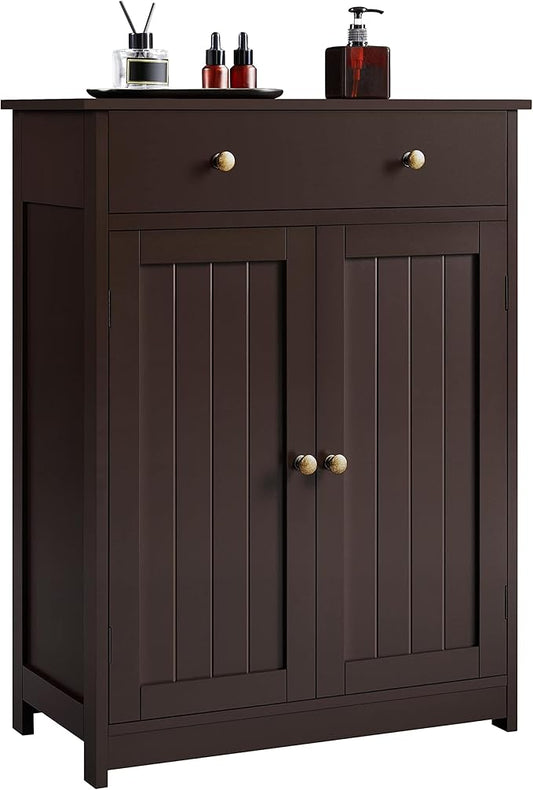 Yaheetech Bathroom Storage Cabinet with Drawer and Double Doors, Free-Standing Organizer with Inner Adjustable Shelf for Living Room, 11.8D x 23.6W x 31.5H in, Espresso