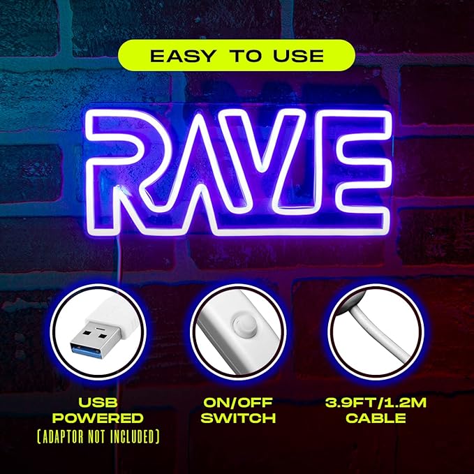 Blue Rave LED Sign | Neon Sign for Wall Decor | USB Powered LED Neon Sign | Small Plug In Sign for Wall or Desk | 4.9 x 11.5 inches