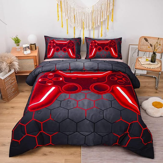 NTBED Game Console Comforter Set for Boys Girls Kids 3D Gaming Geometric Lightweight Microfiber Gamer Bedding Sets (Red, Twin 5Pcs)