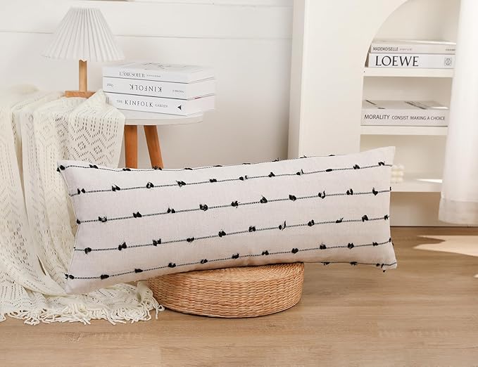 Long Lumbar Throw Pillow Cover 16x36,Stripe Pattern Cotton Black Boho Extra Long Decorative Pillow Cover Pillow Case Cushion Cover for Bed Sofa Couch Farmhouse,Skinny Modern Accent