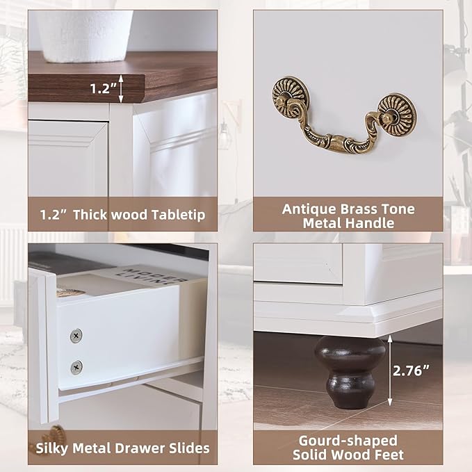 Farmhouse 7 Drawers Dresser Sets of 2 for Bedroom, White 54 Inch Wide Chest of Drawers w/ 4 Wooden Legs, Large Vintage Rustic Closet Dressers for Living Room, Wood TV Stand