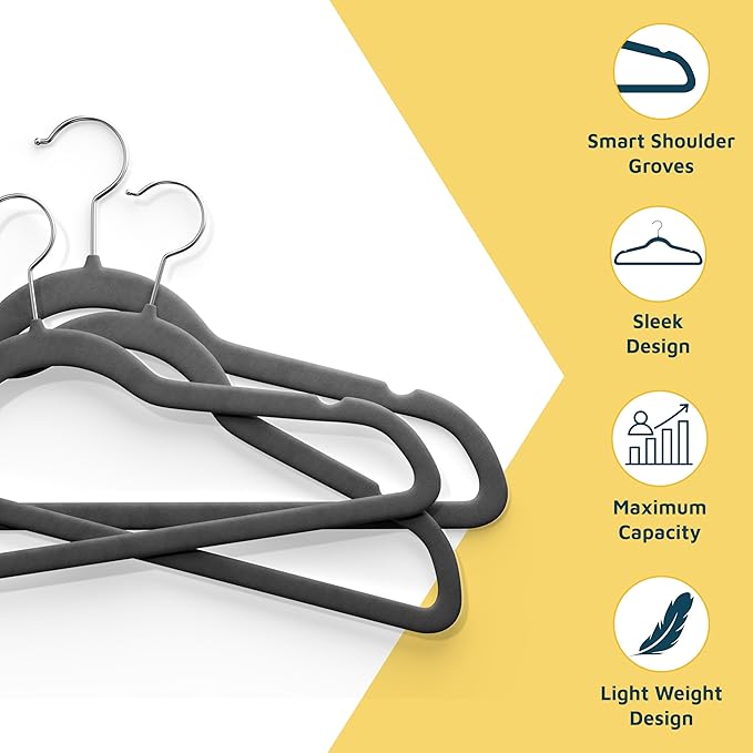 Velvet Clothes Hangers – with 360 Degree Swivel Hook and Non-Slip Shoulder Notch, Holds Up to 10 lbs, Heavy Duty Hanger Set, for Organizing Suit, Dress, Coat, and Clothes, Pack of 5, Gray