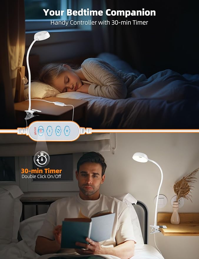 【Clip on Lamp】 10-Level Dimming & 5 Color Modes LED Book Light, Flexible Gooseneck Reading Light for Beds, Desks, Headboards - Eye-Friendly Night Light for Kids/Adults (White)