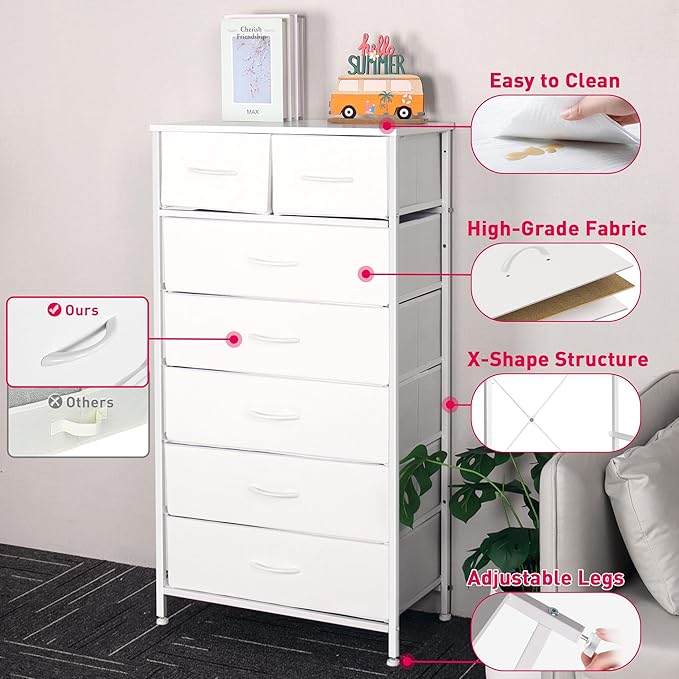 Tall Dresser for Bedroom, Vertical Storage Organizer Tower with 7 Drawers, Chest of Drawers with Fabric Bins, Steel Frame, Wood Top for Bedroom, Closet, Entryway- White