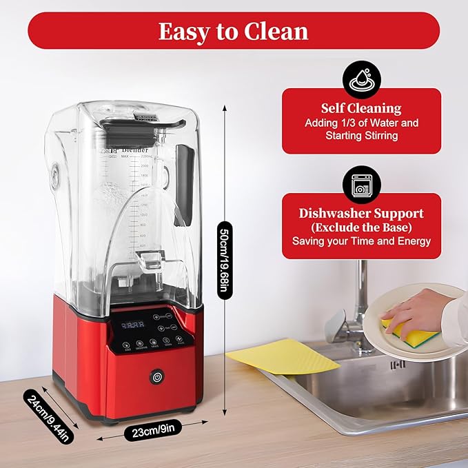 Commercial Blender with Soundproof Shield, Quiet Professional Blender, Intelligent Touch Buttons Countertop Smoothie Mixer, Adjustable Speed Smoothie Juicer