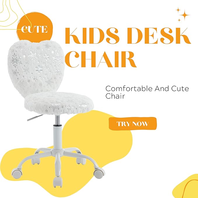 Kmax Kids Reading Chair, Rolling Cute Desk Chair for Girls Swivel Office Chair with Wheels & Heart Back Adjustable Childrens Vanity Chair for Bedroom Reading Room - Fur, Snowflake