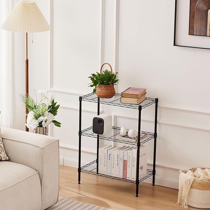 Sweetcrispy 3 Tier Metal Storage Shelving Shelf, Adjustable Metal Wire Racks Heavy Duty Standing Shelf Organizer for Kitchen and Closet, 13.8" D x 23.6" W x 30" H, Black