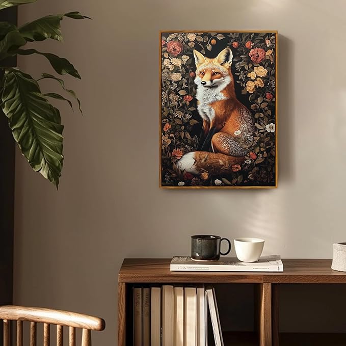 Djmwtb Framed Vintage Wall Art, Fox wall Decor,Nature Botanical Wall Art for Bedroom Decor, Flower Pictures Paintings Animal Canvas Artwork Prints for Living Room 16x24in