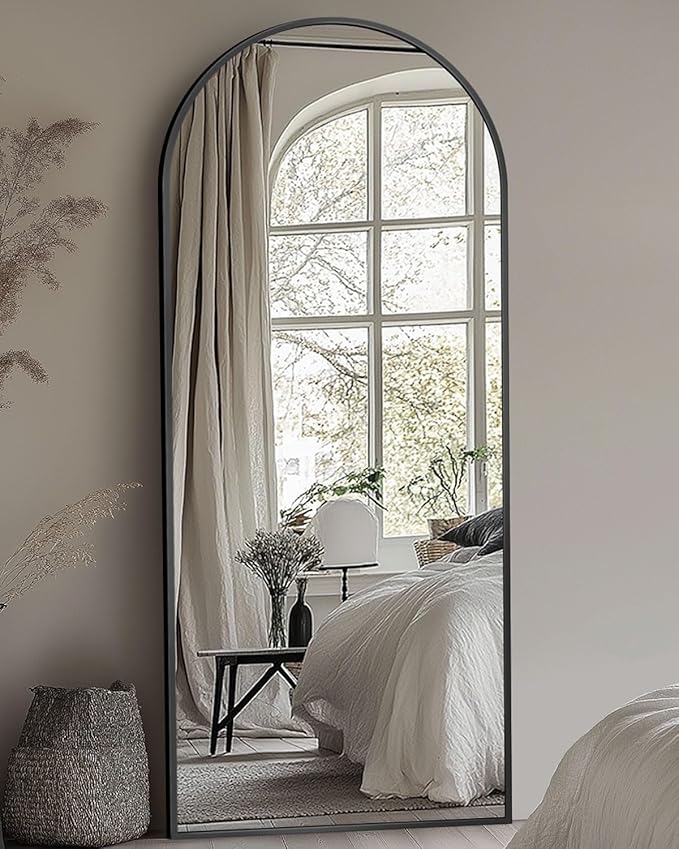 Full Length Mirror with Stand, 58"x18" Arched Full Body Mirror, Large Stand Up Aluminum Frame Floor Freestanding Hanging Leaning Mounted for Bedroom Living Room Entryway Black