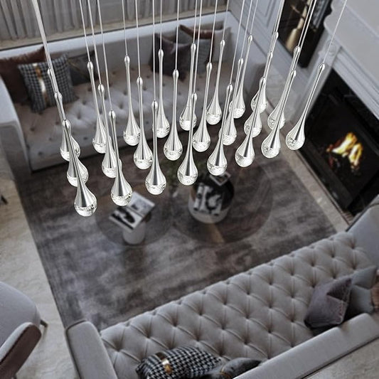 24-Lights Raindrop Chandeliers for Dining Room, Chrome Rectangular Pendant Lights Fixture,Teardrop Pendant Lights Kitchen Island, Adjustable Rectangular Chandelier for Entryway Foyer High Ceiling