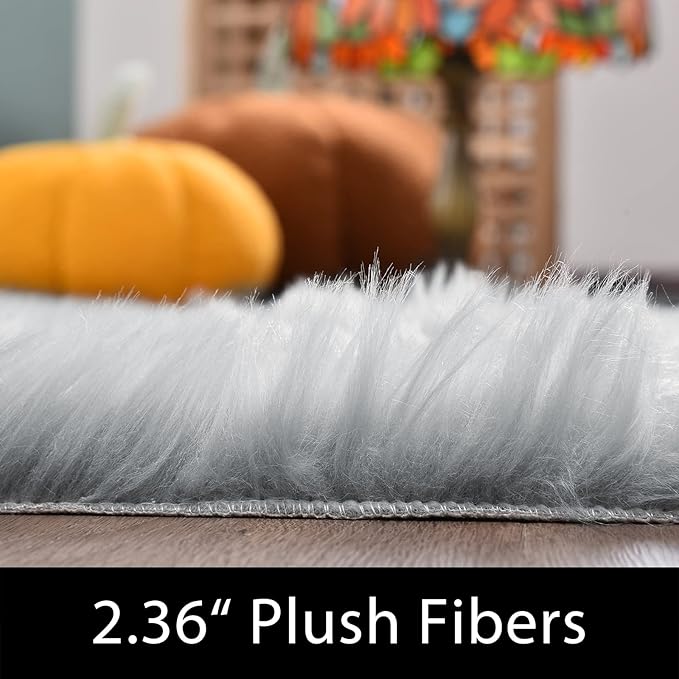 Latepis 2x8 Runner Non-Slip Grey Fluffy Rugs for Bedroom Washable Faux Sheep Skin Rug for Living Room Home Decor Rectangle