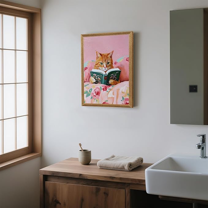 Framed Vintage Cat Canvas Wall Art, Funny Pink Animal Reading Books Painting Picture Print, Cute Kitten Lovers Aesthetic Wall Decor for Nursery Girls Room Bedroom Kids Room 16''L x 12''W