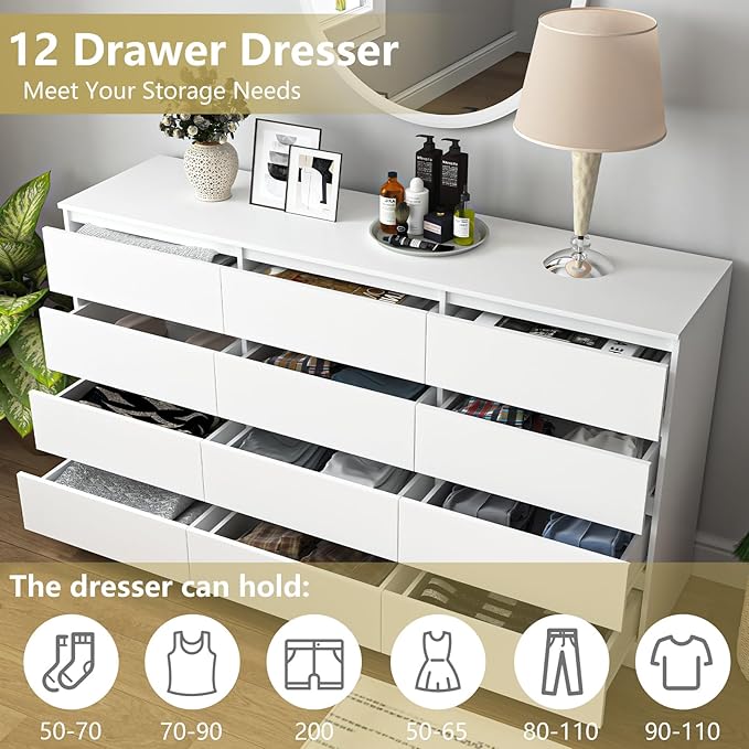 White Dresser for Bedroom,Modern Long 12 Drawer Dresser with Deep Drawer,Wood Storage Chest of Drawer, Bedroom Storage Organizer,TV Stand for Living Room