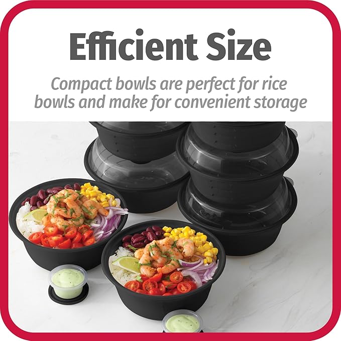 GoodCook 4-Cup Meal Prep Bowls Set with Lids and Dressing Cup, Microwavable Food Storage Containers for Meal Prepping, Set of 10, Black