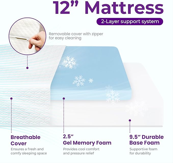 GAESTE 12 Inch Twin Cooling Gel Memory Foam Mattress Medium Firm for Cool Sleep Pressure Relieving CertiPUR-US Certified Foam, Convenient Mattress in a Box Fiberglass Free (Twin, 12 in)