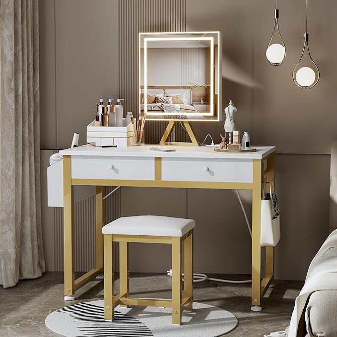 Lufeiya Small Makeup Vanity Desk with Mirror and Light, 32 inch White Vanity Desks Sets with Fabric Drawers for Girls Teen, Dressing Table and Chair Set with Power Outlet for Bedroom, White Gold