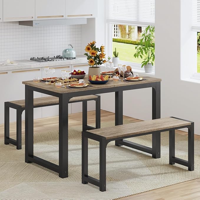 Gizoon 63” Kitchen Table Sets with 2 Benches Extendable Dining Table Set for Small Spaces Dining Room Table 4 Set Chairs for Kitchen Apartment Outdoor and Home Office, Gray