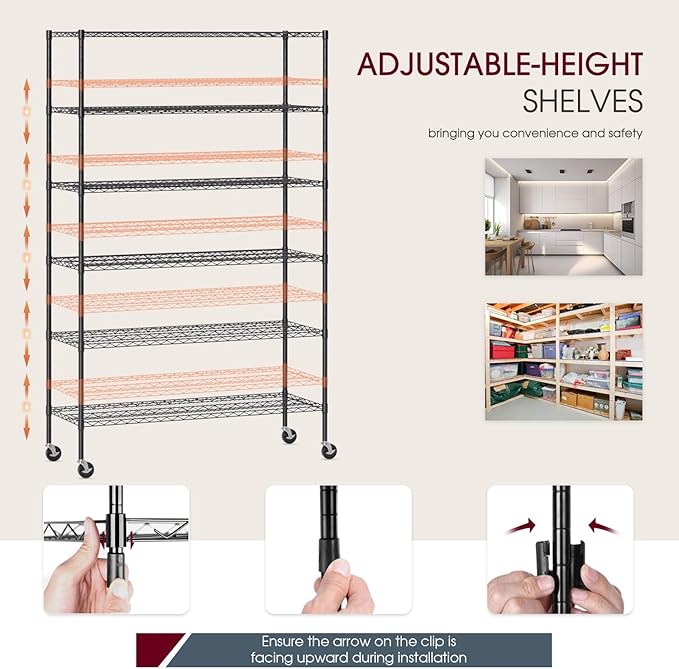 BestOffice 18x48x77 Storage Shelves Commercial Heavy Duty Metal Shelves Garage Organizer Wire Rack Shelving Storage Unit Shelf Adjustable Utility 6000 LBS Capacity,Black