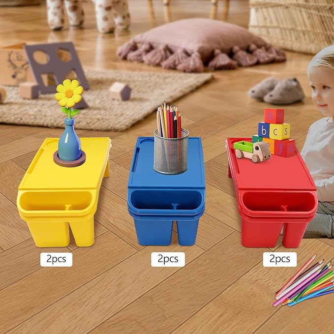 6 Pcs Kids Lap Desk Tray, Plastic Breakfast Lap Desk Trays with Side Pockets and Slot, Portable Lap Table Snack Tray for Eating, Writing, Drawing, Game, 19.69" L x 9.84" W x 7.1" H (3 Colors)