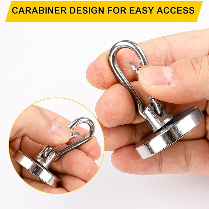 DIYMAG Magnetic Hooks,150LBS Strong Heavy Duty Neodymium Magnet Hooks with Swivel Carabiner Hook,Great for Your Refrigerator and Other Magnetic Surfaces, Pack of 4