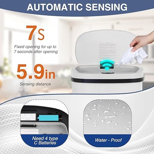 PayLessHere 13 Gallon Trash Can Kitchen Trash Can Automatic Garbage Can with Lid Touch Free High-Capacity Motion Sensor for Kitchen Bedroom Bathroom Office Trash Bin (1, White Stainless Steel)