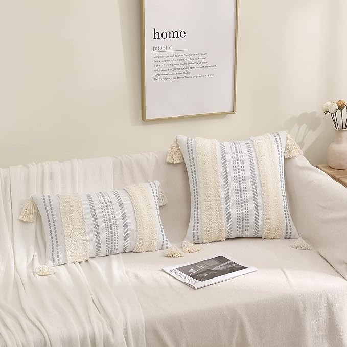 decorUhome Decorative Boho Throw Pillow Cover 12x20, Lumbar Accent Neutral Textured Tufted Pillow Cover Striped for Couch Bed Sofa, Beige and Cream White, Pack of 1