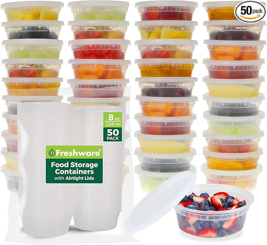 Freshware Food Storage Containers [50 Set] 8 oz Plastic Deli Containers with Lids, Slime, Soup, Meal Prep Containers, BPA Free, Stackable, Leakproof, Microwave, Dishwasher and Freezer Safe