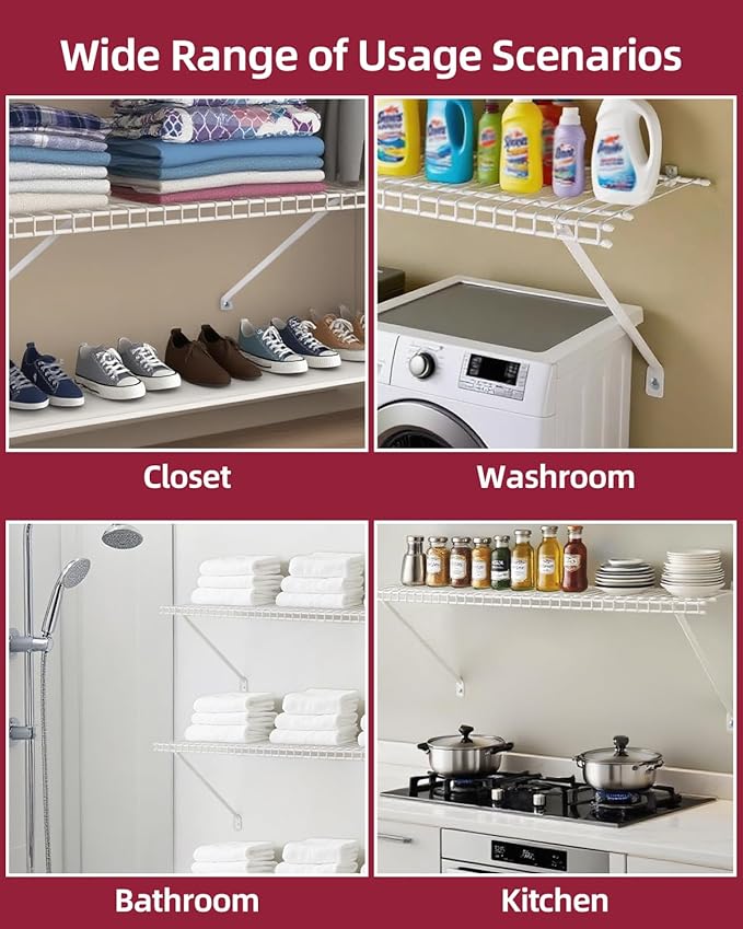 Heavy Duty Shelf Brackets for 12" Closet Maid - 25kg Max Load Rust-Proof Metal Kit w/4 Rack Support Brackets, 4 End & 10 Clips, Easy Install Wire Shelving in Laundry, Closet, Garage, Kitchen, RV