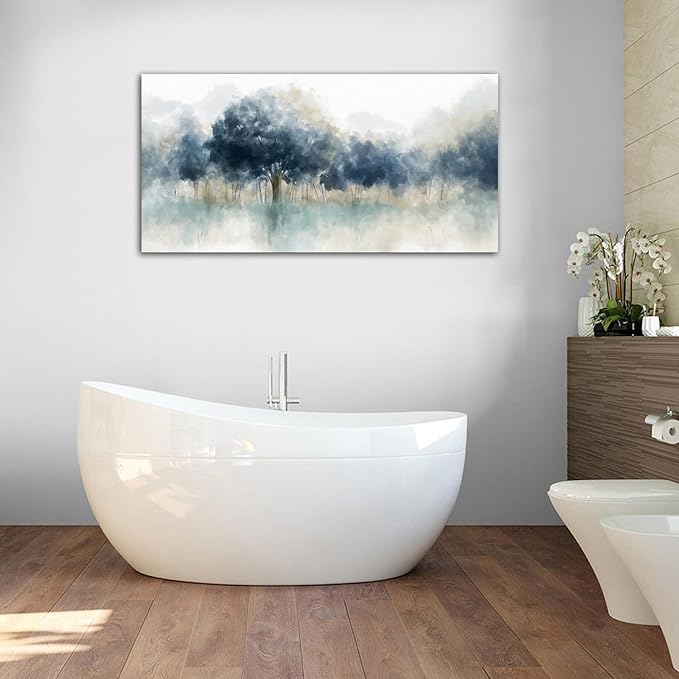 Foggy Forest Canvas Wall Art - Indigo Blue Abstract Trees Pictures for Wall Decor Nature Canvas Painting Modern Printing Artwork for Living Room Bedroom Home Office Wall Decoration 24" x 48"