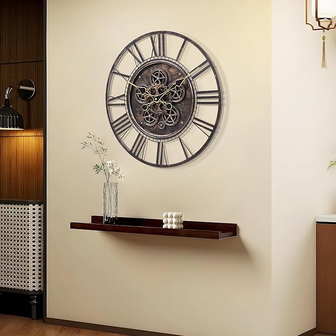Moving Gear Large Wall Clock 30inch/76cm Copper, Decorative Wall Clocks for Living Room, Unique Farmhouse Steampunk Metal Wall Clock Decor, Office Wall Clocks