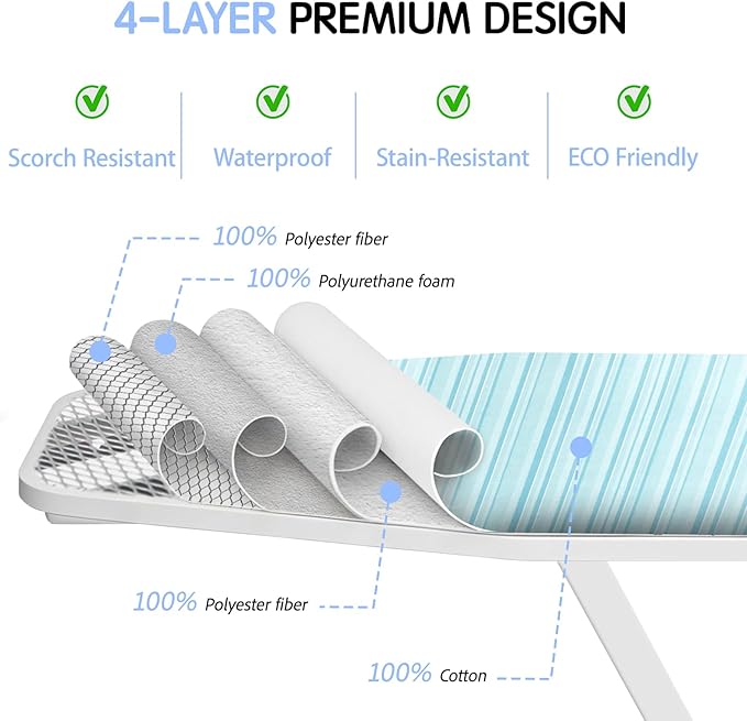 BNDX Ironing Board Cover, 15" x 54" Standard Size Thick Padding with 2" Elastic, Stain Resistant & Durable Scorch, 2 Click Buckles for Smooth Iron and Easy Installation Green Stripes
