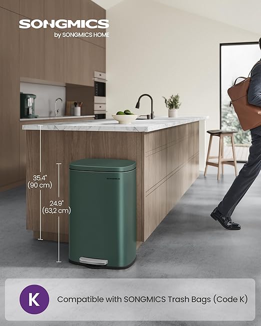SONGMICS 13 Gallon (50 L) Trash Can, Stainless Steel Kitchen Garbage Can, Recycling or Waste Bin, Soft Close, Step-On Pedal, Removable Inner Bucket, Retro Green ULTB050C01