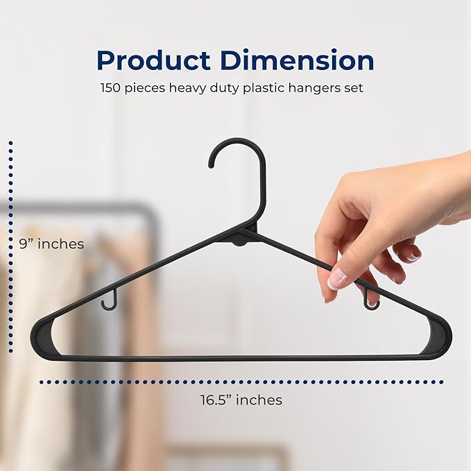 SereneLife 150 Pack Black Plastic Hangers, Non-Slip, Space-Saving Closet Organizers, Durable and Strong for Shirts, Sweaters, Hoodies, Kids Clothes & Dresses, Ultra-Thin, Lightweight