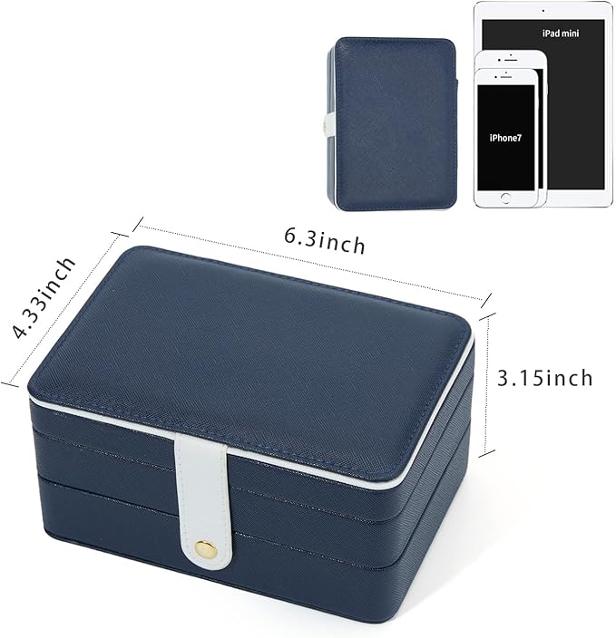 PU Leather Travel Jewelry Organizer Case for Women & Girls, 2-Layer Portable Jewelry Box for Earrings, Rings, Necklaces, Bracelets, Compact Jewelry Storage (Blue, Small)