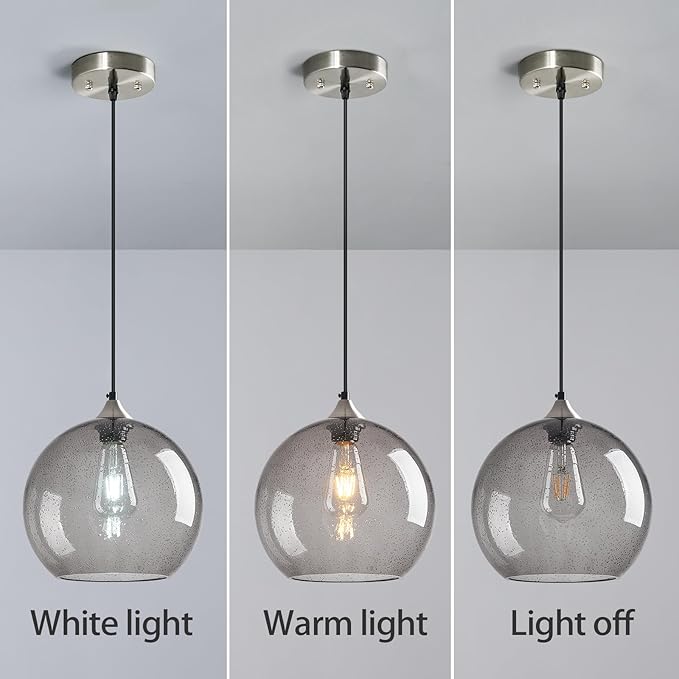 Light Grey Glass Pendant Lights Kitchen Island Globe Pendant Light Fixtures Modern Pendant Lighting for Bedroom Living Dining Room Light Fixture (9.84 in, 3 Pack)