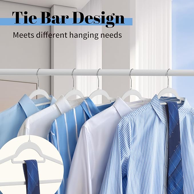 Smartor White Velvet Hangers 60 Pack, Space Saving Clothes Hangers with Tie Bar, Non-Slip Felt Hanger with Shoulder Notches, Heavy Duty Suit Hanger for Coat, Shirt, Pants, Dress