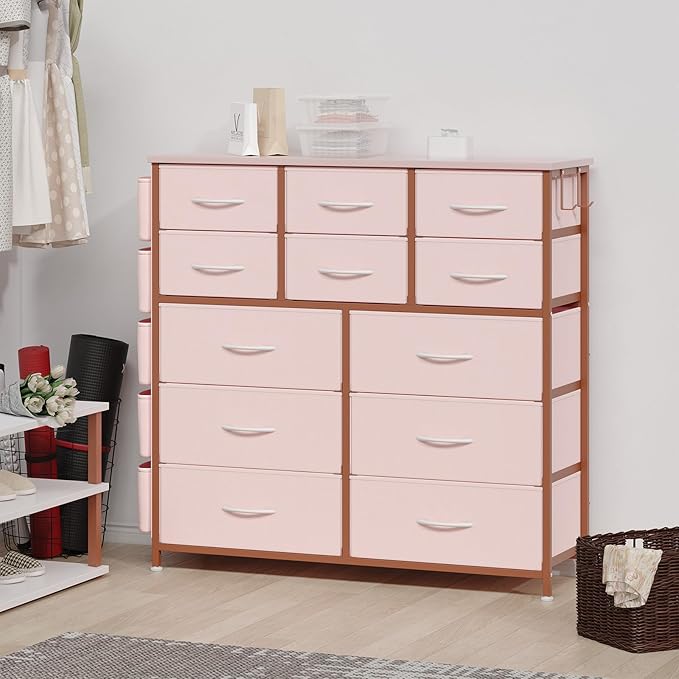 Dresser for Bedroom with 12 Drawers, Tall Dresser Chest of Drawers with 5 Side Pockets and Hooks, Wooden Top Fabric Dresser Storage Tower for Closet, Hallway, Living Room, Pink