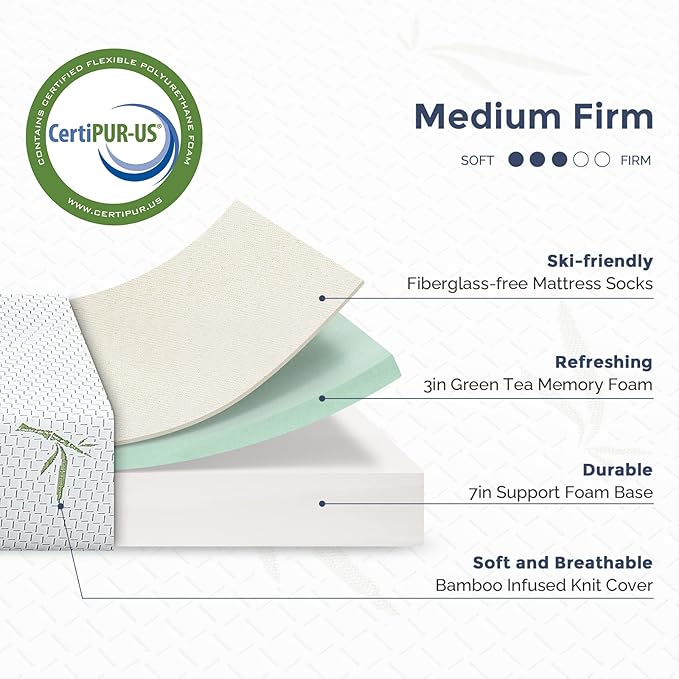 IULULU King Mattress,10 Inch Memory Foam Mattress in a Box with Breathable Bamboo Cover,Green Tea King Size Made USA for Cool Sleep & Pressure Relief,Medium Firm,CertiPUR-US Certified,(DM-10K-MAT)