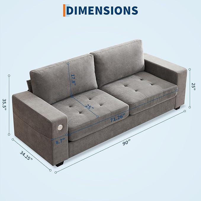 Garvee 90" Chenille Fabric Sofa Modern Comfort Sofa with USB/Type-C Ports, Deep Seat Cushions, Removable Cover, Wide Armrests Ideal for Living Rooms, Small Spaces & Apartments - Gray