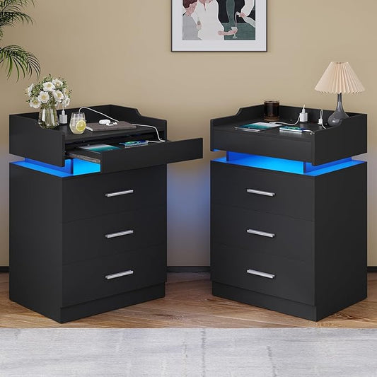 LED Nightstand Set of 2, Large Night Stand with Charging Station, Bedside Table with Pull-Out Shelf and 3 Drawers, Modern End Table Side Table with Storage, Black