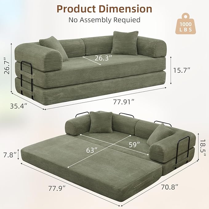 Rovibek 4-in-1 Convertible Sleeper Sofa Bed Queen Size, Foldable Floor Couch Corduroy, Folding Futon Sofa Beds with Pillow and Fixed-Shape Frame, Suitable for Living Room, Bedroom, Lounge, Light Green