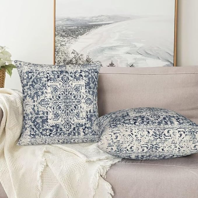 Boho Pillow Covers 22x22 Set of 2, White Navy Blue Carpet Pattern Outdoor Decorative Throw Pillows Ethnic Rustic Farmhouse Cushion Cases Linen Gifts for Couch Sofa Decor