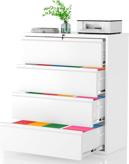 Pataku 4 Drawer File Cabinet with Lock, Metal Lateral File Cabinets for Home Office, Locking Filling Cabinets for Hanging Files Letter/Legal/F4/A4 Size (White)