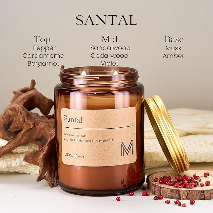 M&SENSE Santal Home Scented Candle | 19.4oz, 115-Hour Burn | Natural Organic Soy Wax | Long-Lasting for Stress Relief and Gifting | for Bedroom，Relaxing SPA，Office