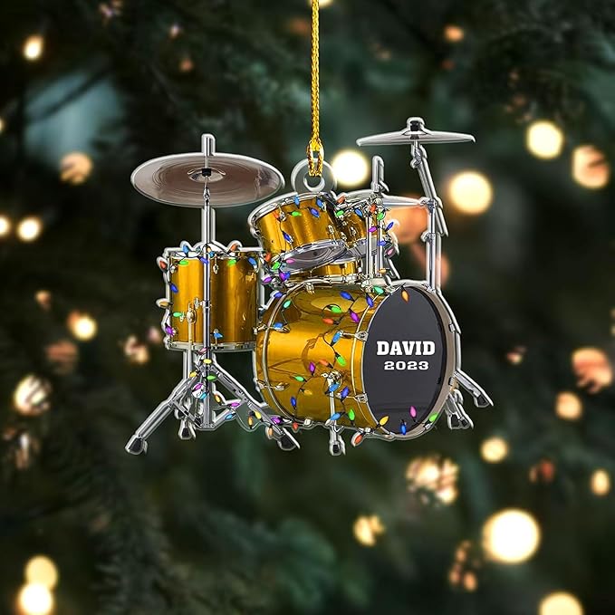 NAZENTI Drum Ornament, Custom Music Christmas Decor, Personalized Percussion Holiday Acrylic Piece, Player Silhouette Hanging Gift, Band Keepsake